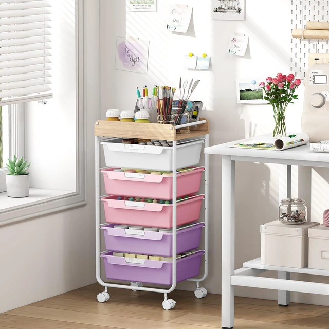 Alt view image 4 of 7 - Rolling Storage Utility Cart with 5 Drawers,Purple Craft Cart with Wheels,Makeup Organizer,Art Supply And Storage Wooden Tabletop