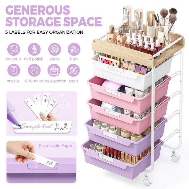 Alt view image 3 of 7 - Rolling Storage Utility Cart with 5 Drawers,Purple Craft Cart with Wheels,Makeup Organizer,Art Supply And Storage Wooden Tabletop