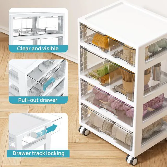 Alt view image 6 of 7 - Drawer Storage Organizer,4 Tier 6 Drawers with Wheels Clear Drawers with Multiple Sizes Keep Supplies Visible. Sturdy for Bathreoom, Office, Under Desk, Crafts & Art Storage