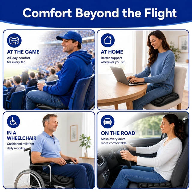 Alt view image 7 of 7 - Airplane Seat Cushion, Air-Cell Travel Cushion for Long Flights, Inflatable Portable Seat Pad with Built-in Pump for Air Travel, Car, Office Chair and Wheelchair