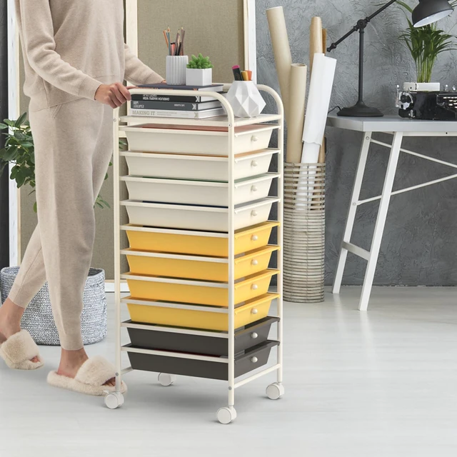 Alt view image 2 of 7 - Storage Cart, Rolling Utility Cart with 10 Drawers, Portable Handles & Lockable Wheels, Mobile Paper Toys Storage Organizer Large Capacity for Home Office School Teacher (Yellow)