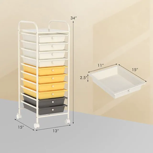 Alt view image 3 of 7 - Storage Cart, Rolling Utility Cart with 10 Drawers, Portable Handles & Lockable Wheels, Mobile Paper Toys Storage Organizer Large Capacity for Home Office School Teacher (Yellow)
