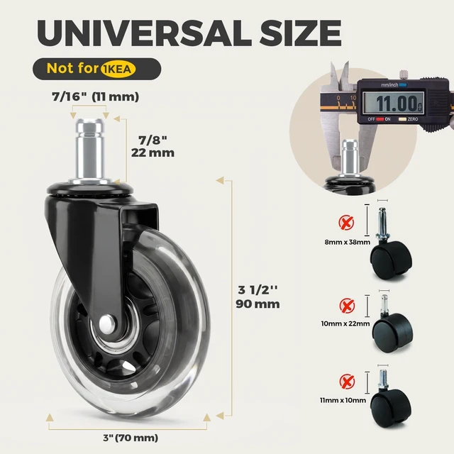 Alt view image 2 of 7 - 3 Inch Office Chair Wheels, Smooth & Safe Rolling, Safe for All Floors Include Hardwood Floors & Carpet, Universal Stem 7/16 inch x 7/8 inch, Not for 1KEA Chairs, Easy to Install, Set of 5, Clear