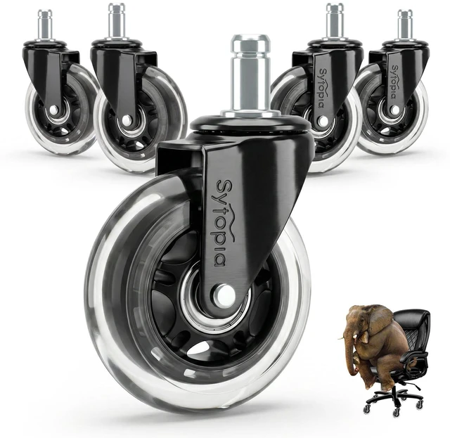 Main image of 3 Inch Office Chair Wheels, Smooth & Safe Rolling, Safe for All Floors Include Hardwood Floors & Carpet, Universal Stem 7/16 inch x 7/8 inch, Not for 1KEA Chairs, Easy to Install, Set of 5, Clear