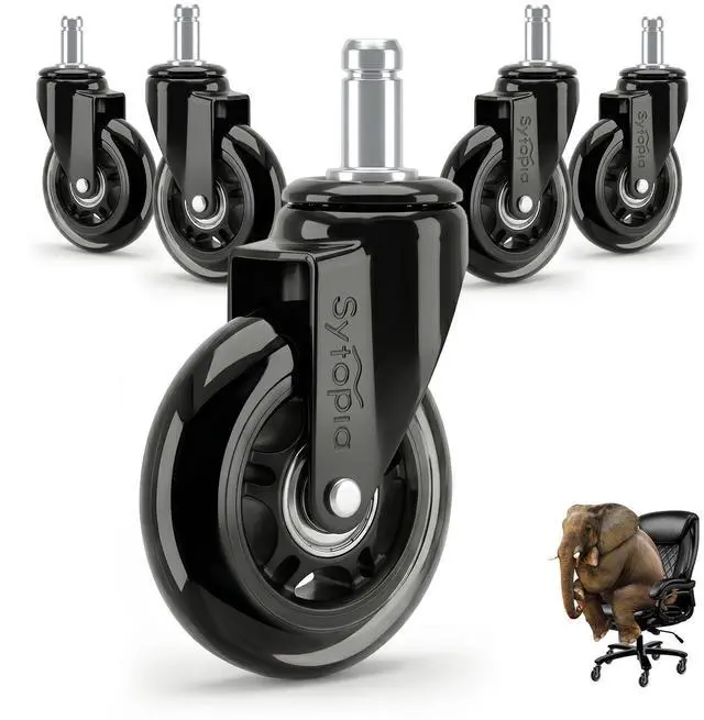 Main image of 3 Inch Office Chair Wheels, Smooth & Safe Rolling, Safe for All Floors Include Hardwood Floors & Carpet, Universal Stem 7/16 inch x 7/8 inch, Not for 1KEA Chairs, Easy to Install, Set of 5, Black