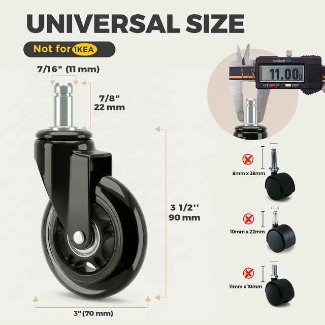 Alt view image 2 of 7 - 3 Inch Office Chair Wheels, Smooth & Safe Rolling, Safe for All Floors Include Hardwood Floors & Carpet, Universal Stem 7/16 inch x 7/8 inch, Not for 1KEA Chairs, Easy to Install, Set of 5, Black