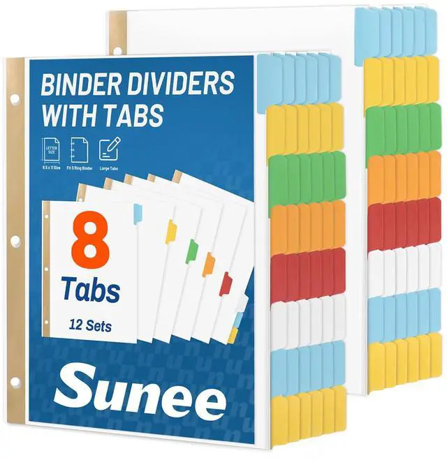 Main image of Binder Dividers with Colorful Write On & Erase Tabs for 3 Ring Binder, 8.5 x 11 Paper White Reusable Dividers Blank with 8 Tabs, 12 Sets Page Dividers for School, Office and Home, 96 Dividers