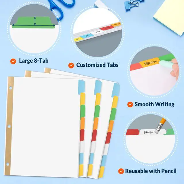 Alt view image 5 of 7 - Binder Dividers with Colorful Write On & Erase Tabs for 3 Ring Binder, 8.5 x 11 Paper White Reusable Dividers Blank with 8 Tabs, 12 Sets Page Dividers for School, Office and Home, 96 Dividers