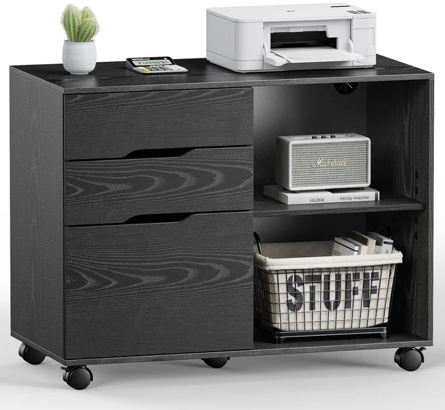 Main image of 3 Drawer Rolling File Cabinet, Wood Printer Stand with Storage Lateral Filing Cabinet with Adjustable Shelves and Wheels, Under Desk for Home Office Study Organization, Black