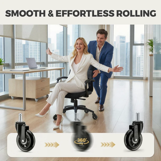 Alt view image 6 of 7 - 3 Inch Office Chair Wheels, Smooth & Safe Rolling, Safe for All Floors Include Hardwood Floors & Carpet, Universal Stem 7/16 inch x 7/8 inch, Not for 1KEA Chairs, Easy to Install, Set of 5, Black