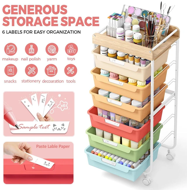 Alt view image 4 of 7 - Rolling Cart with 6 Drawers,Craft Organizer and Storage,Rainbow Utility Storage Cart with Drawers,Art Cart,Makeup Organizer With Wooden Tabletop