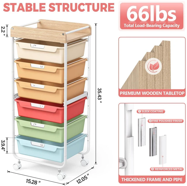 Alt view image 5 of 7 - Rolling Cart with 6 Drawers,Craft Organizer and Storage,Rainbow Utility Storage Cart with Drawers,Art Cart,Makeup Organizer With Wooden Tabletop