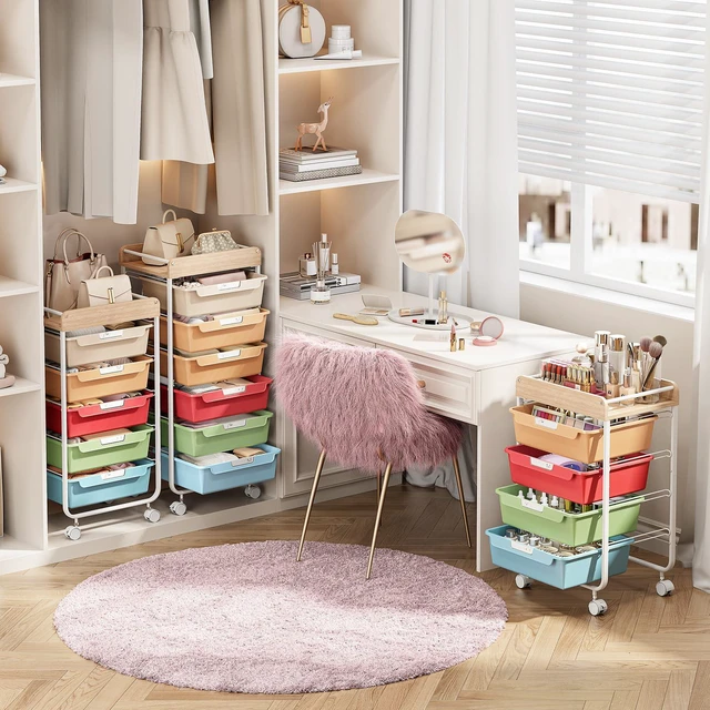 Alt view image 6 of 7 - Rolling Cart with 6 Drawers,Craft Organizer and Storage,Rainbow Utility Storage Cart with Drawers,Art Cart,Makeup Organizer With Wooden Tabletop