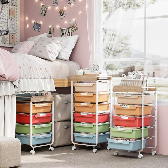 Alt view image 7 of 7 - Rolling Cart with 6 Drawers,Craft Organizer and Storage,Rainbow Utility Storage Cart with Drawers,Art Cart,Makeup Organizer With Wooden Tabletop