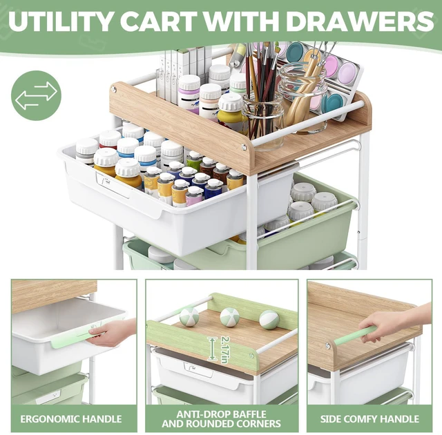 Alt view image 3 of 7 - Rolling Storage Utility Cart with 4 Drawers,Art Cart,Green Kids Craft Cart,Makeup Organizer and Storage with Wooden Tabletop