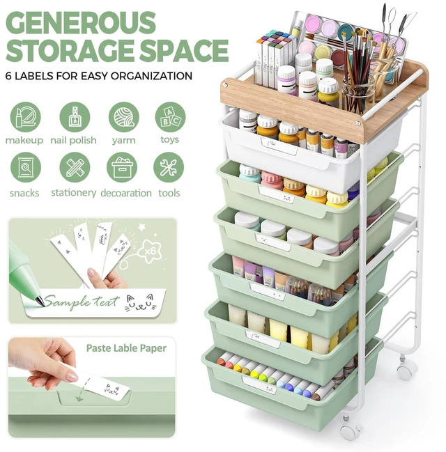Alt view image 4 of 7 - Rolling Cart with 6 Drawers,Art Craft Organizer and Storage,Green Utility Storage Cart with Drawers,Makeup Organizer With Wooden Tabletop