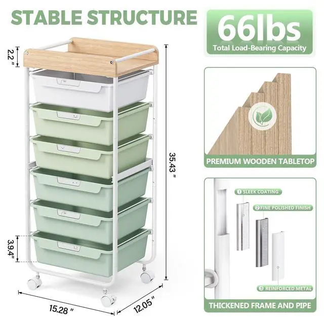 Alt view image 5 of 7 - Rolling Cart with 6 Drawers,Art Craft Organizer and Storage,Green Utility Storage Cart with Drawers,Makeup Organizer With Wooden Tabletop