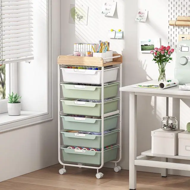 Alt view image 6 of 7 - Rolling Cart with 6 Drawers,Art Craft Organizer and Storage,Green Utility Storage Cart with Drawers,Makeup Organizer With Wooden Tabletop