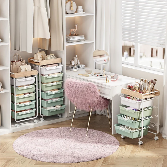 Alt view image 6 of 7 - Rolling Storage Utility Cart with 5 Drawers,Green Craft Cart with Wheels,Makeup Organizer,Art Supply And Storage Wooden Tabletop