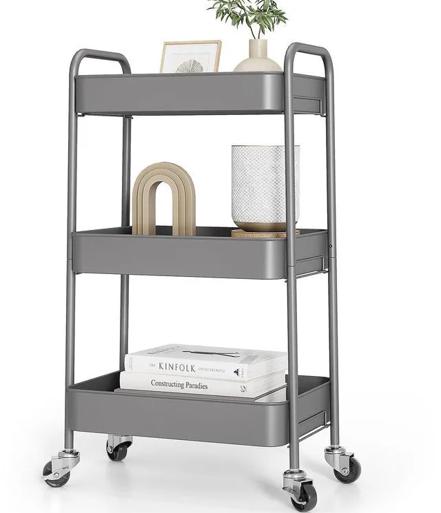 Main image of 3 Tier Metal Rolling Cart, Utility Storage Cart with Wheels, Grey | Screwless Assembly, Lockable Metal Wheels, Trolley Organizer for Bathroom, Kitchen, Office, Dorm, Laundry, Craft Room