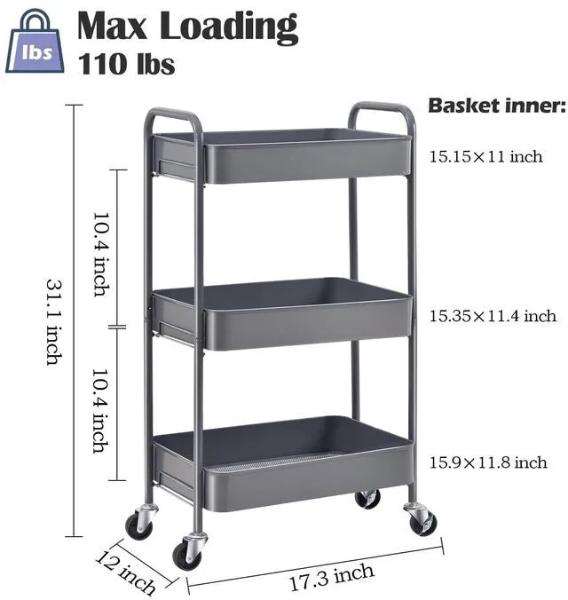 Alt view image 2 of 7 - 3 Tier Metal Rolling Cart, Utility Storage Cart with Wheels, Grey | Screwless Assembly, Lockable Metal Wheels, Trolley Organizer for Bathroom, Kitchen, Office, Dorm, Laundry, Craft Room