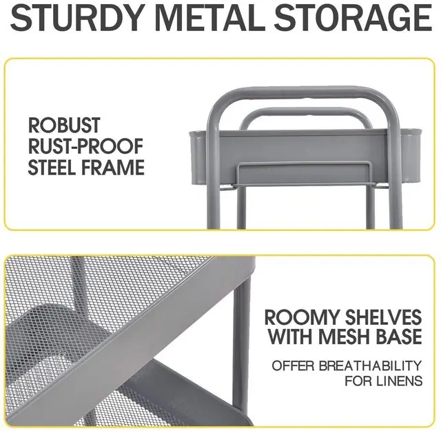 Alt view image 3 of 7 - 3 Tier Metal Rolling Cart, Utility Storage Cart with Wheels, Grey | Screwless Assembly, Lockable Metal Wheels, Trolley Organizer for Bathroom, Kitchen, Office, Dorm, Laundry, Craft Room