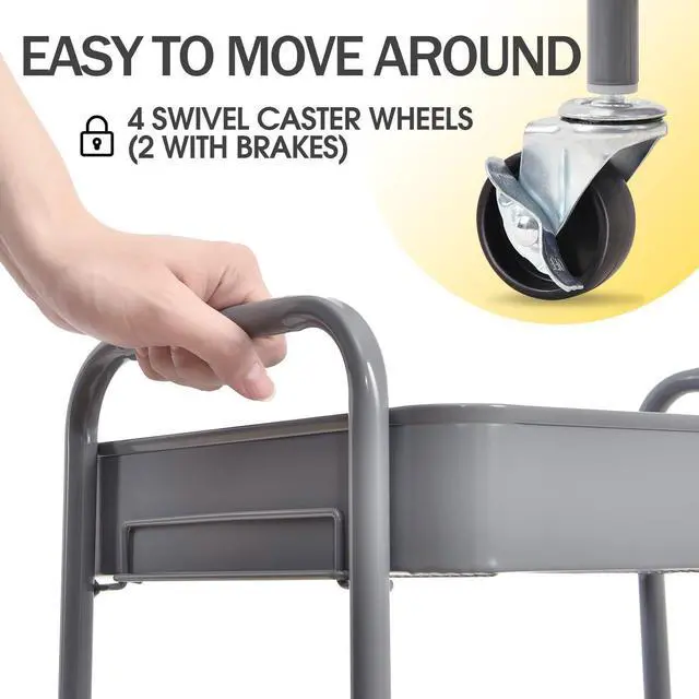 Alt view image 4 of 7 - 3 Tier Metal Rolling Cart, Utility Storage Cart with Wheels, Grey | Screwless Assembly, Lockable Metal Wheels, Trolley Organizer for Bathroom, Kitchen, Office, Dorm, Laundry, Craft Room