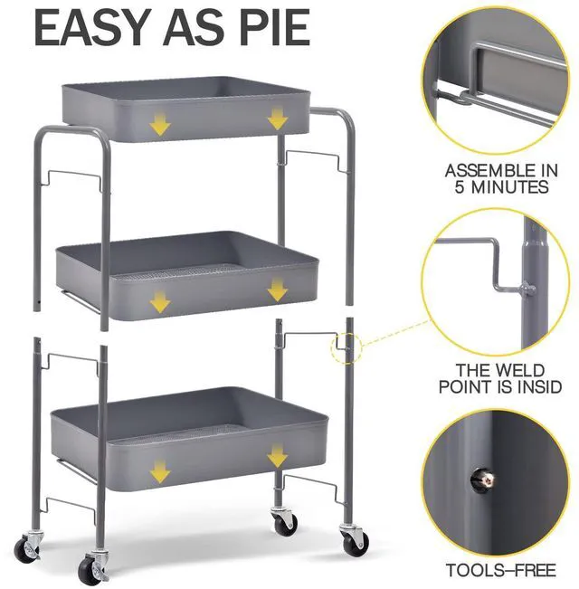 Alt view image 5 of 7 - 3 Tier Metal Rolling Cart, Utility Storage Cart with Wheels, Grey | Screwless Assembly, Lockable Metal Wheels, Trolley Organizer for Bathroom, Kitchen, Office, Dorm, Laundry, Craft Room