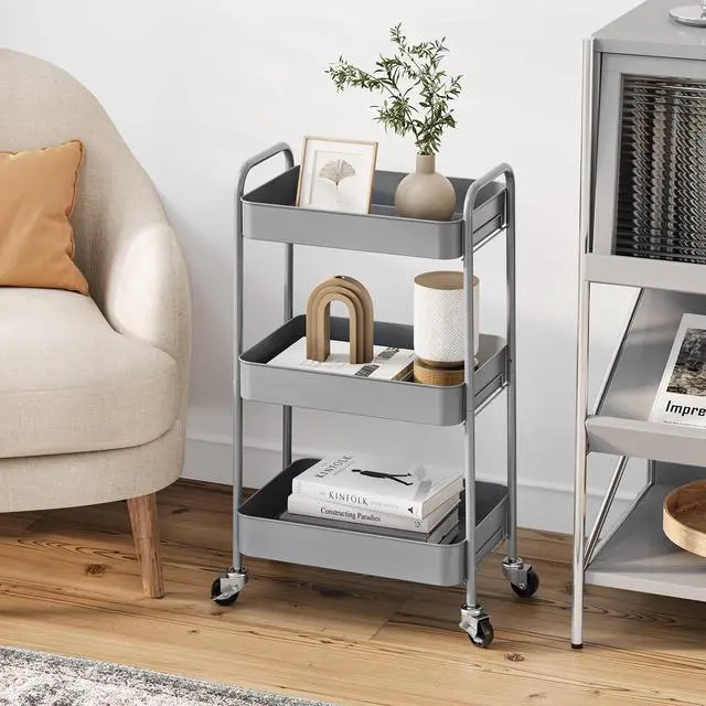 Alt view image 6 of 7 - 3 Tier Metal Rolling Cart, Utility Storage Cart with Wheels, Grey | Screwless Assembly, Lockable Metal Wheels, Trolley Organizer for Bathroom, Kitchen, Office, Dorm, Laundry, Craft Room