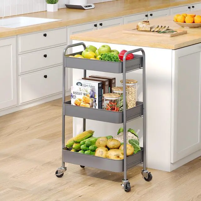 Alt view image 7 of 7 - 3 Tier Metal Rolling Cart, Utility Storage Cart with Wheels, Grey | Screwless Assembly, Lockable Metal Wheels, Trolley Organizer for Bathroom, Kitchen, Office, Dorm, Laundry, Craft Room
