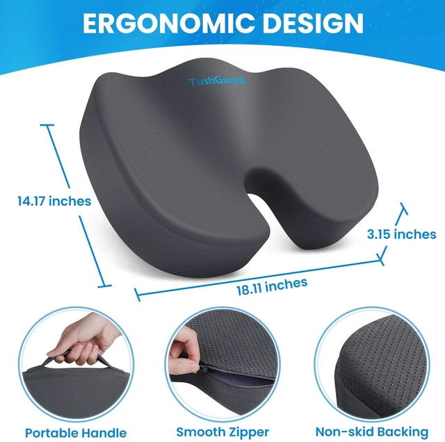 Alt view image 2 of 7 - Seat Cushion for Office Chair, Memory Foam Chair Cushion, Gray Office Chair Cushion for Car, Airplane - Chair Pad for Long Sitting Sciatica, Hip, Coccyx,Tailbone Pain Relief, Butt Pillow