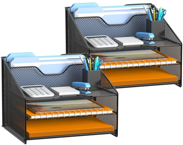 Main image of 2 Pack Mesh Desk File Organizer Letter Tray Holder, Desktop File Folder Holder with 3 Paper Trays and 2 Vertical Upright Section, Black