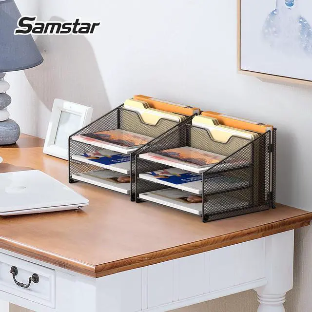 Alt view image 5 of 6 - 2 Pack Mesh Desk File Organizer Letter Tray Holder, Desktop File Folder Holder with 3 Paper Trays and 2 Vertical Upright Section, Black
