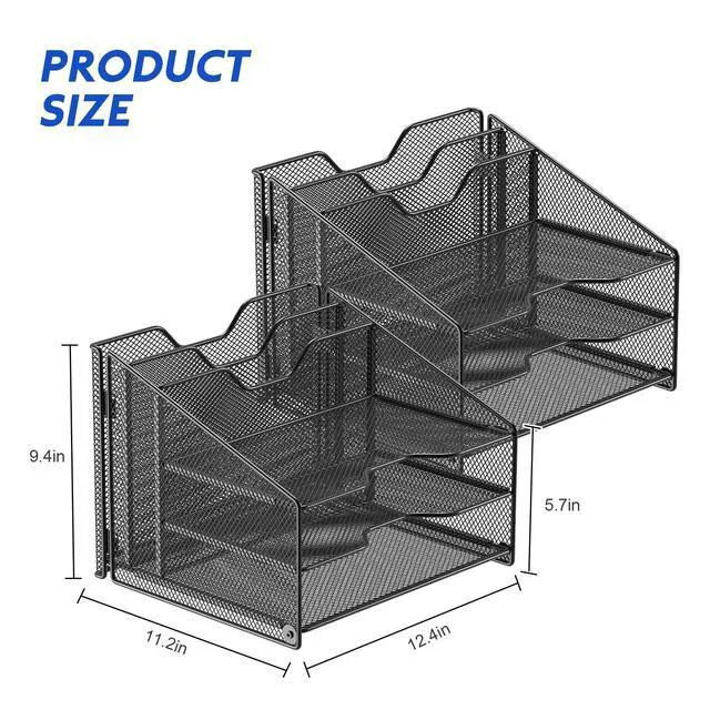 Alt view image 6 of 6 - 2 Pack Mesh Desk File Organizer Letter Tray Holder, Desktop File Folder Holder with 3 Paper Trays and 2 Vertical Upright Section, Black
