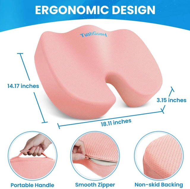 Alt view image 2 of 7 - Seat Cushion for Office Chair, Memory Foam Chair Cushion, Pink Office Chair Cushion for Car, Airplane - Chair Pad for Long Sitting Sciatica, Hip, Coccyx,Tailbone Pain Relief, Butt Pillow