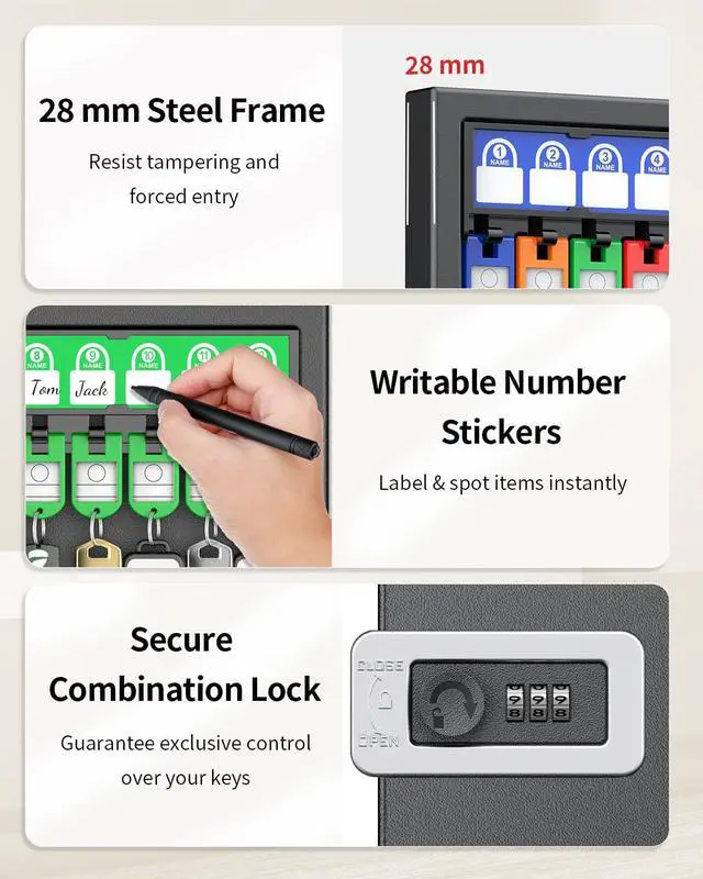 Alt view image 5 of 7 - 48 Keys Key Lock Box, Wall Mount Key Box, Key Cabinet, Car Key Organizer with Writable Key Racks and Tags, Security Key Holder Storage Box for Office, Hotel & Company