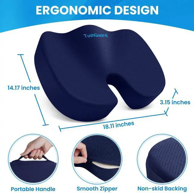 Alt view image 2 of 7 - Seat Cushion for Office Chair, Memory Foam Chair Cushion, Blue Office Chair Cushion for Car, Airplane - Chair Pad for Long Sitting Sciatica, Hip, Coccyx,Tailbone Pain Relief, Butt Pillow