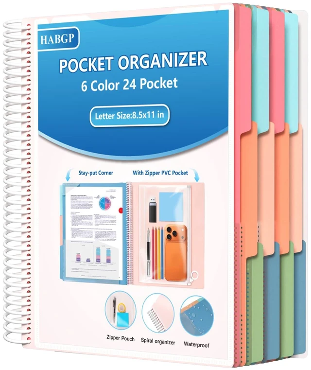 Main image of 24 Pocket Plastic folders with Pockets, 6 Colors, Folders Dividers, White Multi Pocket Folders,12 Folder Binder Dividers, Multi-Subject Project Organizer, for Office, School Supplies, Letter Size