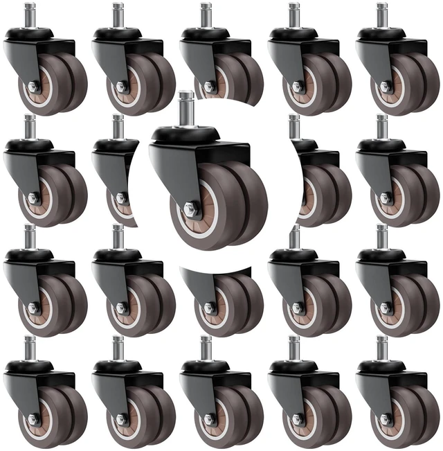 Main image of 2" Dual Wheel Chair Casters Set of 20 - Heavy Duty Grey Soft polyurethane protects hardwood/tile. Smooth, quiet rolling. Universal 7/16" stem. Steel resists rust. Not for IKEA