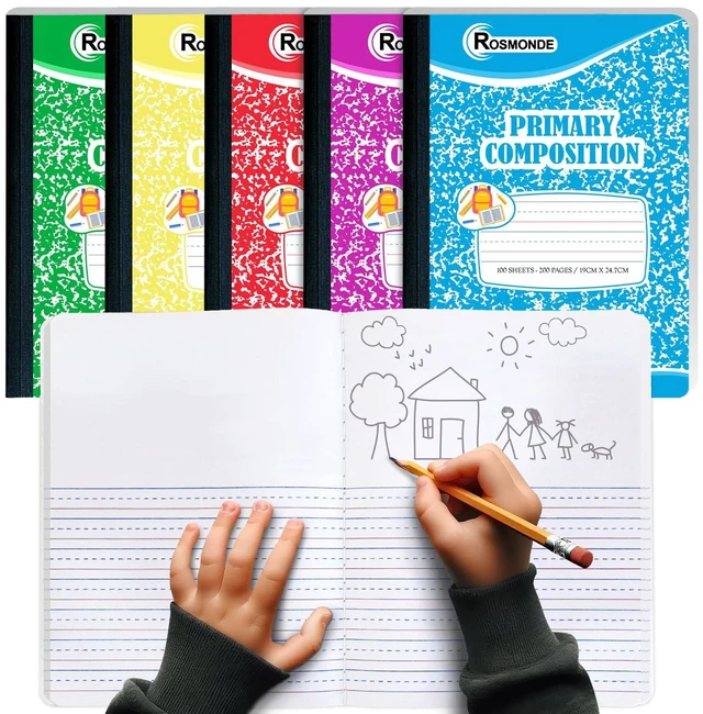 Main image of 5 Pack Primary Composition Notebook, Draw and Write Journal, K-2 Primary Ruled Composition Notebooks, 200 Pages / 100 Sheets, 9-3/4 x 7-1/2, K-2 Drawing Story Journal Writing Notebook