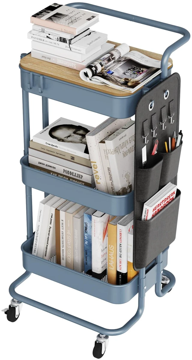 Main image of 3-Tier Rolling Cart with Table Top, Metal Utility Cart with Side Bags Tray Storage Organizer, Lockable Wheels, 4 Hooks, Art Cart for Kitchen, Bathroom, Office, Craft room, Living room, Blue