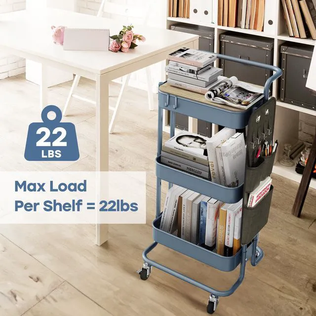 Alt view image 3 of 7 - 3-Tier Rolling Cart with Table Top, Metal Utility Cart with Side Bags Tray Storage Organizer, Lockable Wheels, 4 Hooks, Art Cart for Kitchen, Bathroom, Office, Craft room, Living room, Blue