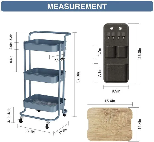 Alt view image 6 of 7 - 3-Tier Rolling Cart with Table Top, Metal Utility Cart with Side Bags Tray Storage Organizer, Lockable Wheels, 4 Hooks, Art Cart for Kitchen, Bathroom, Office, Craft room, Living room, Blue