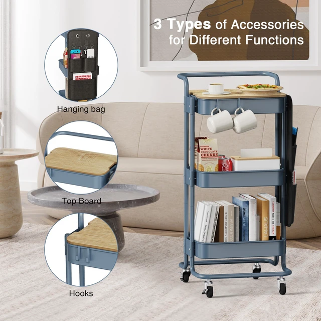 Alt view image 5 of 7 - 3-Tier Rolling Cart with Table Top, Metal Utility Cart with Side Bags Tray Storage Organizer, Lockable Wheels, 4 Hooks, Art Cart for Kitchen, Bathroom, Office, Craft room, Living room, Blue