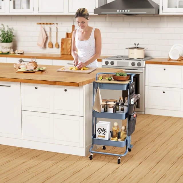 Alt view image 7 of 7 - 3-Tier Rolling Cart with Table Top, Metal Utility Cart with Side Bags Tray Storage Organizer, Lockable Wheels, 4 Hooks, Art Cart for Kitchen, Bathroom, Office, Craft room, Living room, Blue