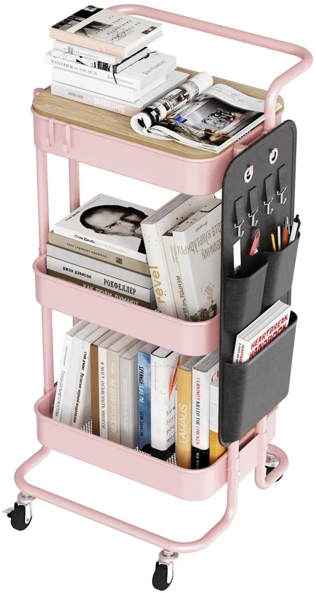 Main image of 3-Tier Rolling Cart with Table Top, Metal Utility Cart with Side Bags Tray Storage Organizer, Lockable Wheels, 4 Hooks, Art Cart for Kitchen, Bathroom, Office, Craft room, Living room, Pink