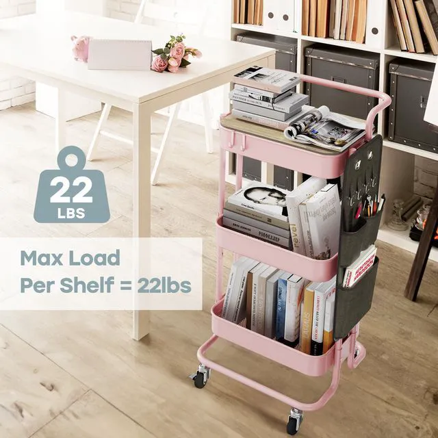 Alt view image 3 of 7 - 3-Tier Rolling Cart with Table Top, Metal Utility Cart with Side Bags Tray Storage Organizer, Lockable Wheels, 4 Hooks, Art Cart for Kitchen, Bathroom, Office, Craft room, Living room, Pink