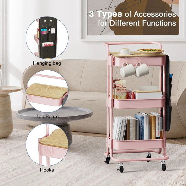 Alt view image 5 of 7 - 3-Tier Rolling Cart with Table Top, Metal Utility Cart with Side Bags Tray Storage Organizer, Lockable Wheels, 4 Hooks, Art Cart for Kitchen, Bathroom, Office, Craft room, Living room, Pink