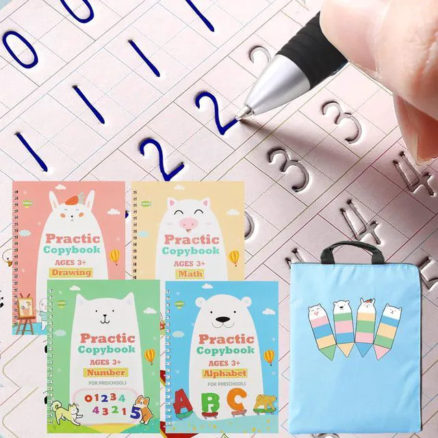 Main image of Upgraded Large Size Magic Practice Writing Copybook for Kids, Reusable Copybook Preschool - 4 Books with Pens - Blue Bag