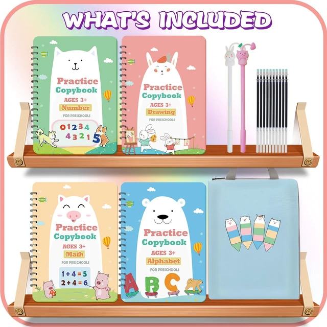Alt view image 4 of 7 - Upgraded Large Size Magic Practice Writing Copybook for Kids, Reusable Copybook Preschool - 4 Books with Pens - Blue Bag